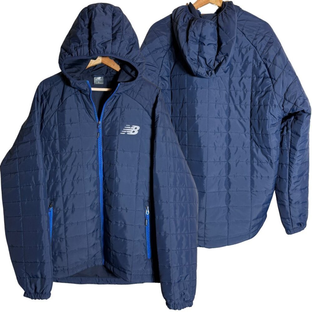 NWT New Balance Quilted Puffer Hooded Full Zip Tech Jacket Mens Medium Navy Blue